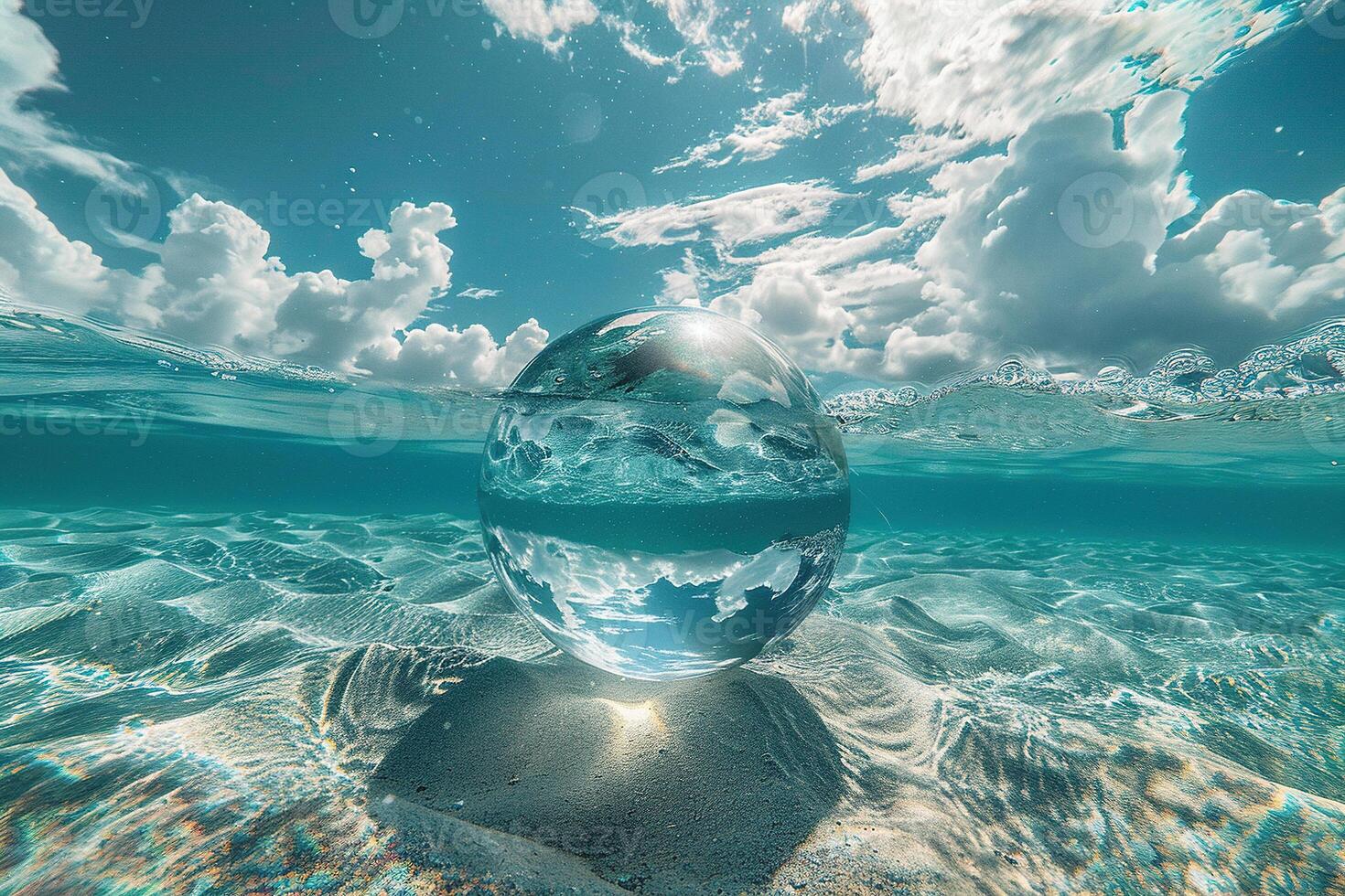 A glass ball under clear water. Beautiful water background. photo