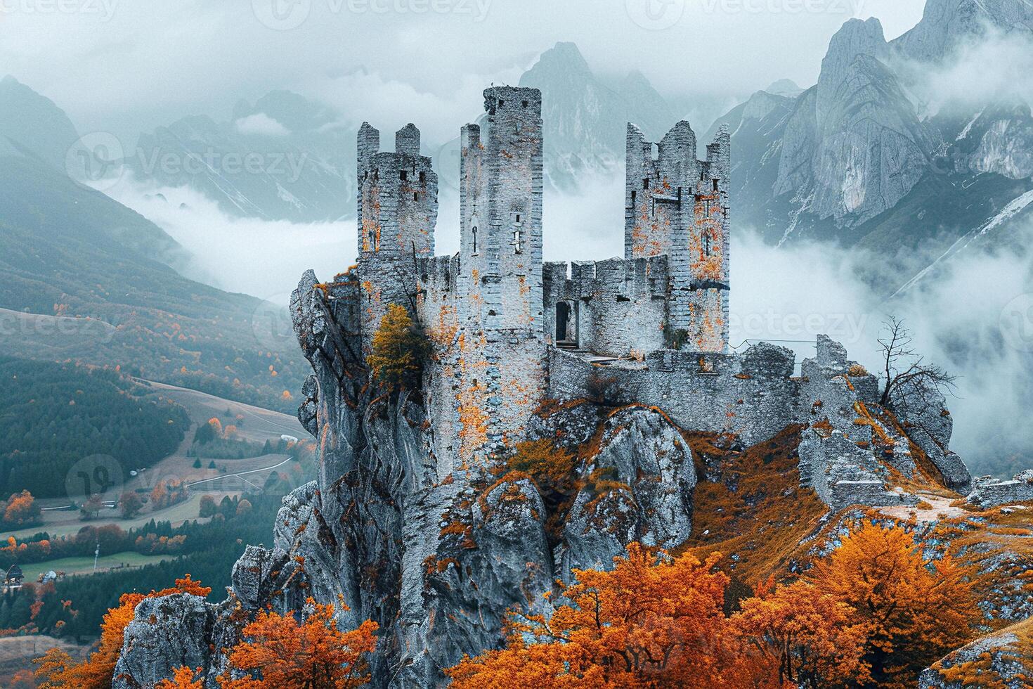 Mystical old castle with high towers in the rocky mountains in thick mystical fog. Generated by artificial intelligence photo