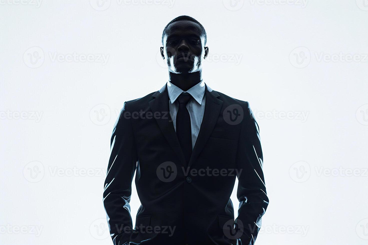 A black man in a business suit stands on a white background in the pose of a boss. Generated by artificial intelligence photo
