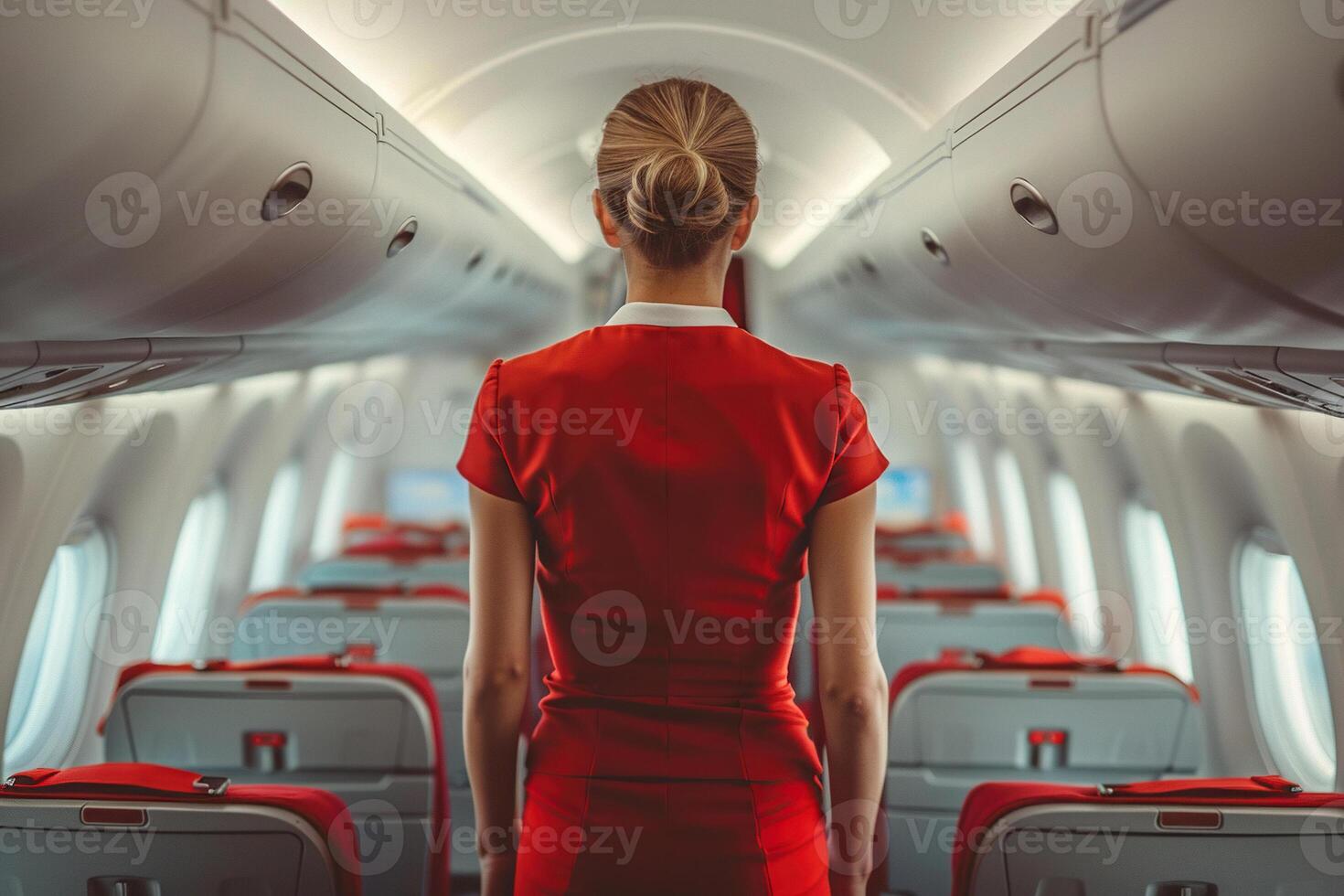 Flight attendant in bright red uniform walks through the cabin of the plane, rear view. Travel, service, transport, airplane concept photo