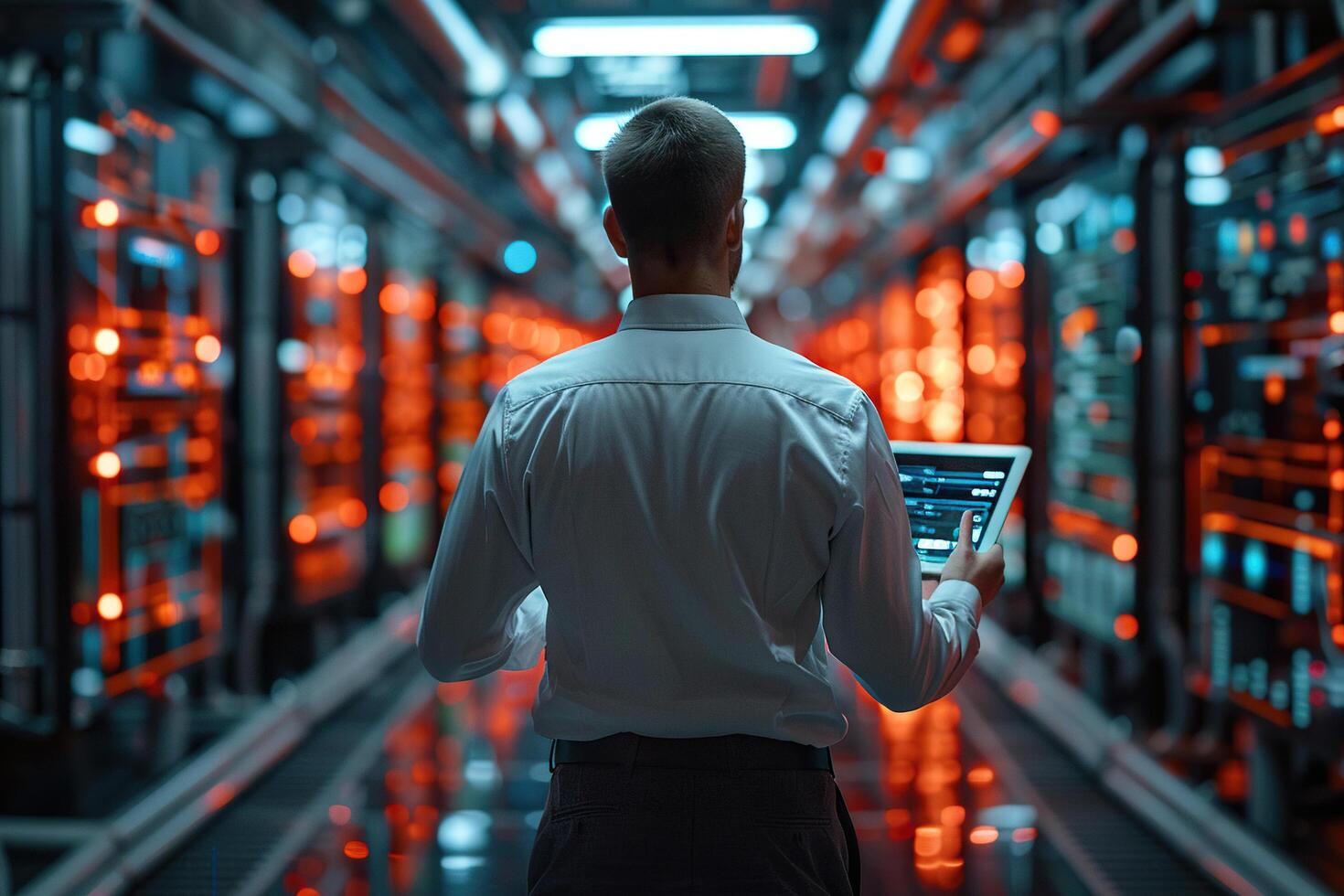 Businessman using tablet analyzing sales data and economic growth chart. Business strategy. Digital marketing. Generated by artificial intelligence photo