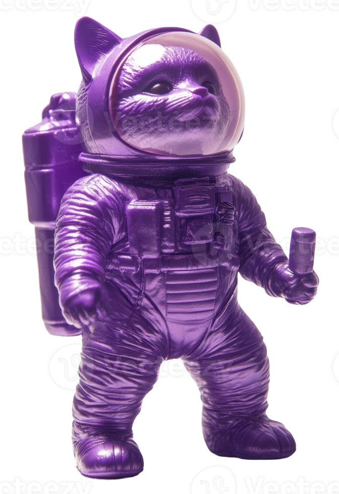 Astronaut cat figurine in vibrant purple color, cut out - stock . png