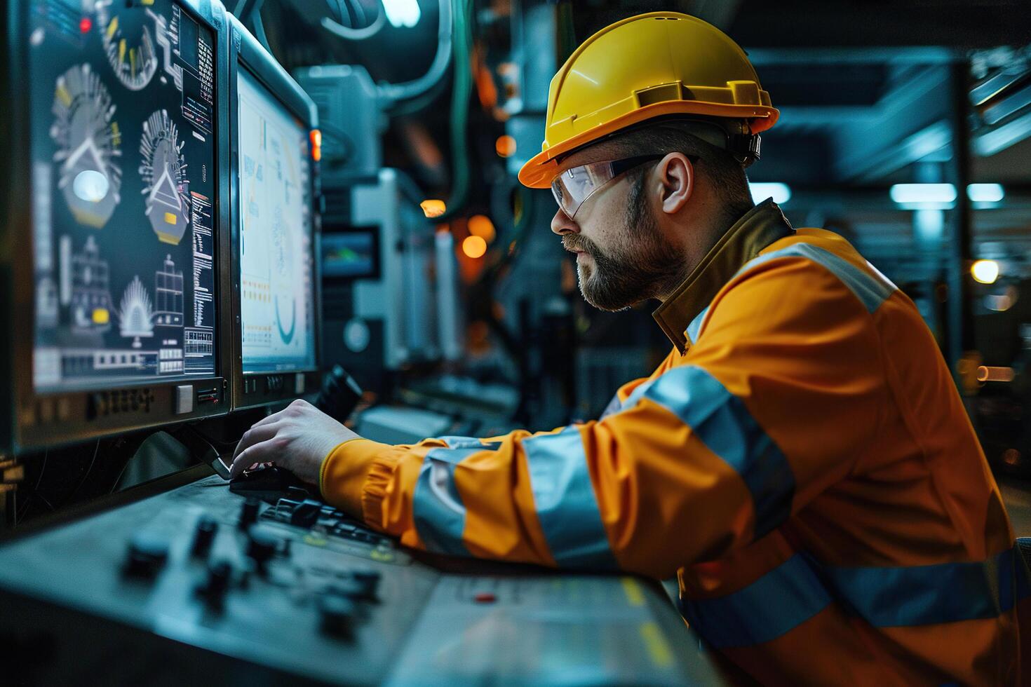 The drilling rig master monitors the process of drilling an oil well on the computer screen. Generated by artificial intelligence photo