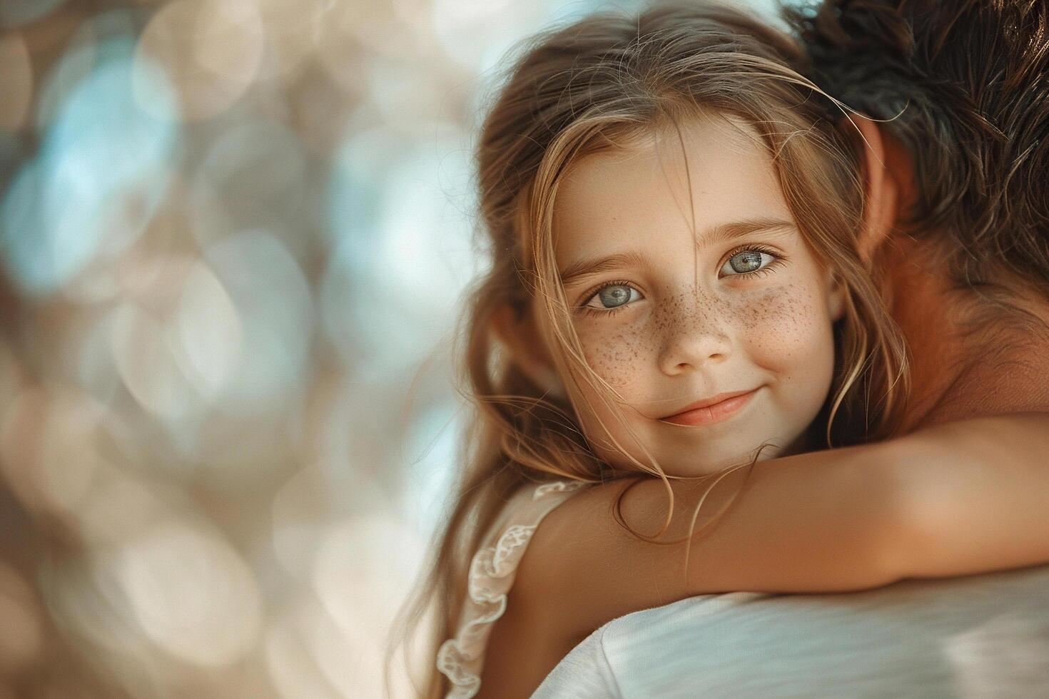 Happy family. Little daughter hugging dad and laughs on holiday. Father's day. photo