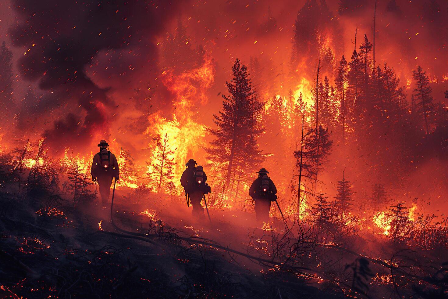 Firefighters extinguish a forest fire. The concept of dangerous work of rescuers. Generated by artificial intelligence photo
