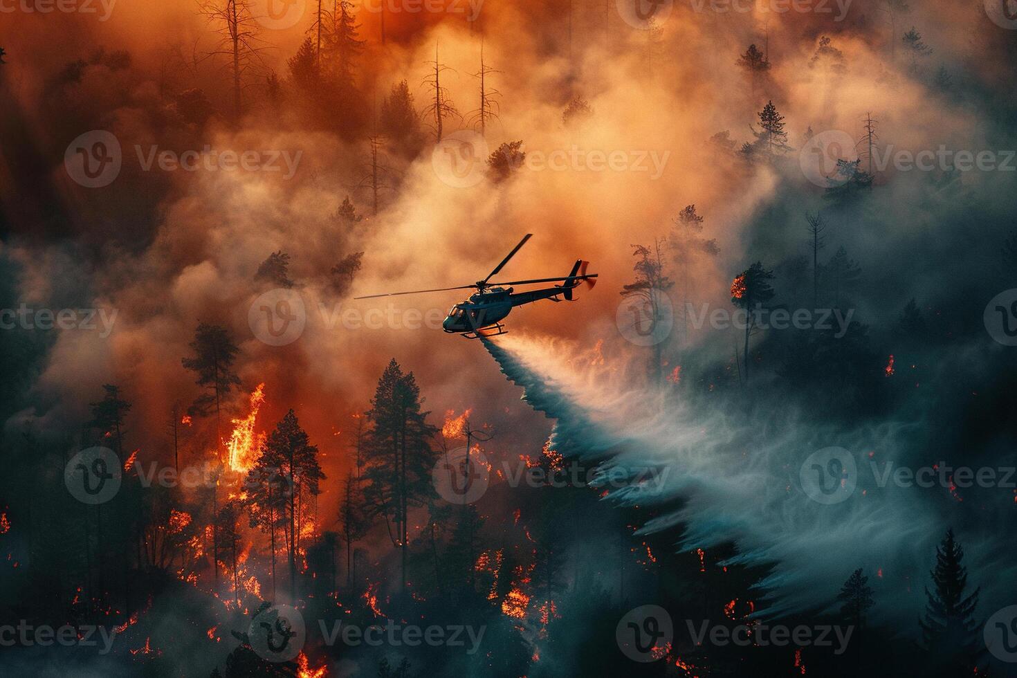 A firefighting helicopter drops water on a forest fire. Natural disaster photo