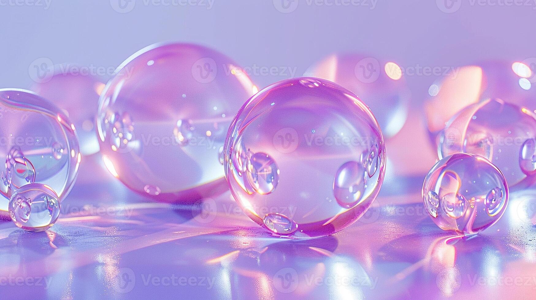 Rainbow crystal spheres or balls on purple background. Glass abstract composition of geometric shapes with holographic gradient texture. Generated by artificial intelligence photo
