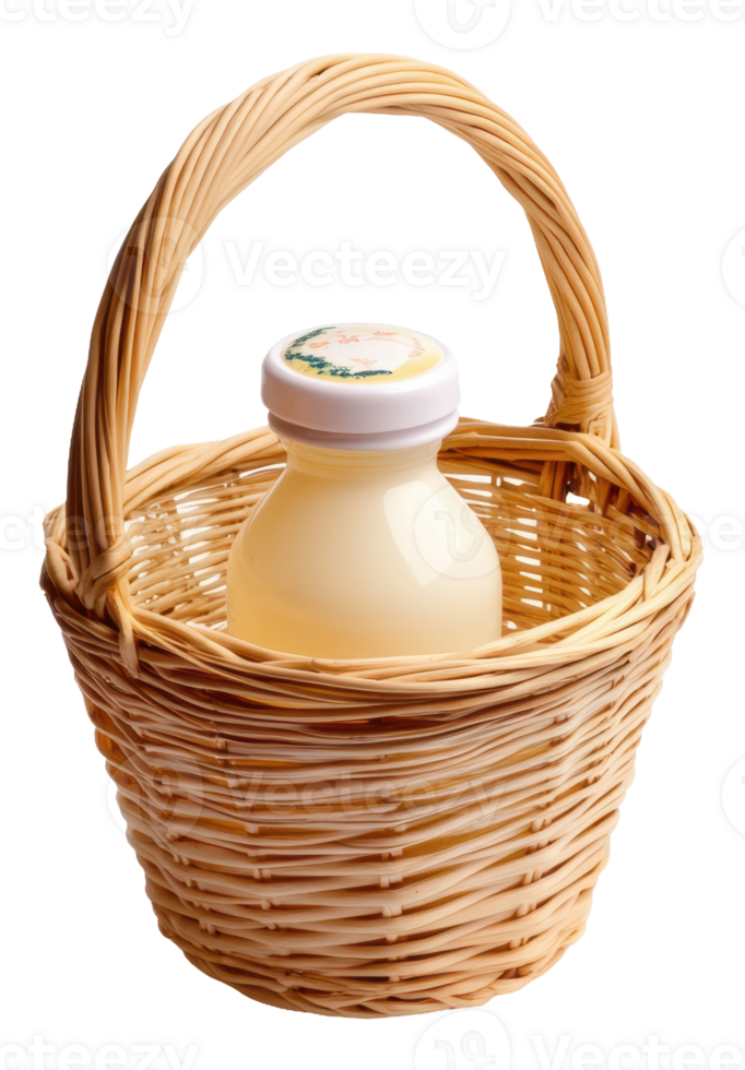 Small basket with a bottle of cream inside, cut out - stock . png