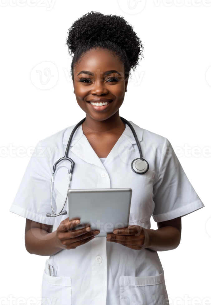 Smiling nurse with tablet in a healthcare setting, cut out - stock . png