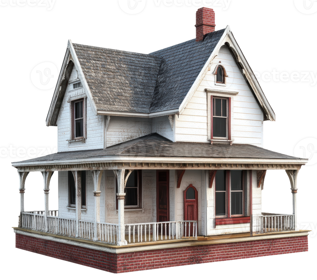 Classic Victorian house with porch on a sunny day, cut out - stock . png