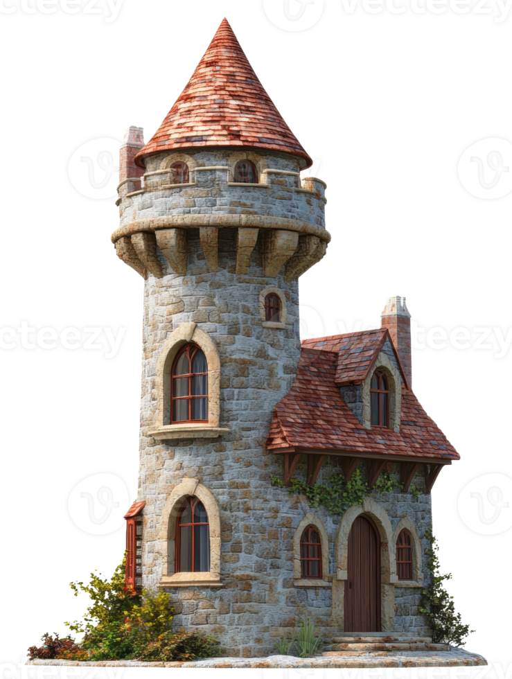 Charming stone tower house with a red roof, cut out - stock . png