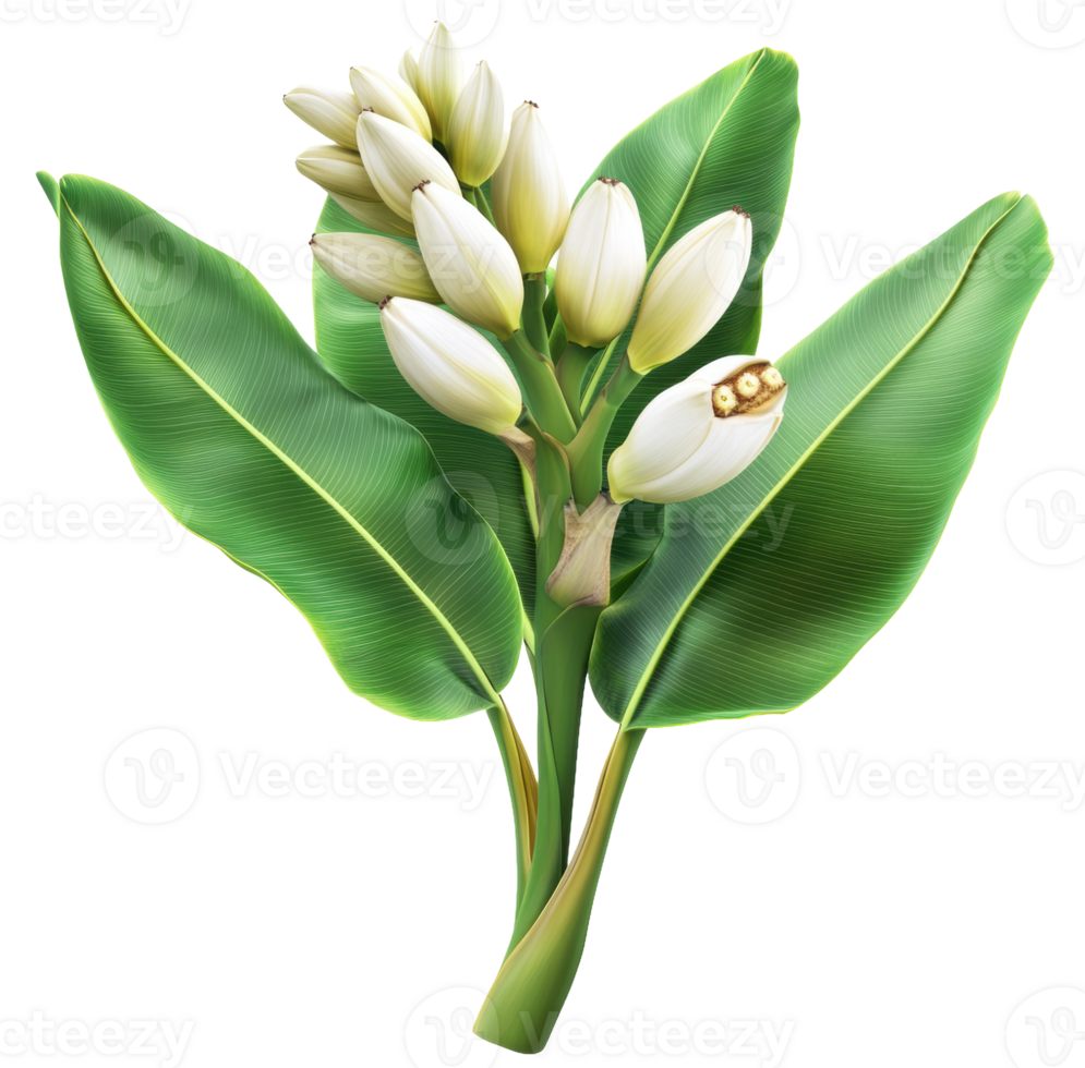 Tropical flowering plant with green leaves, cut out - stock . png