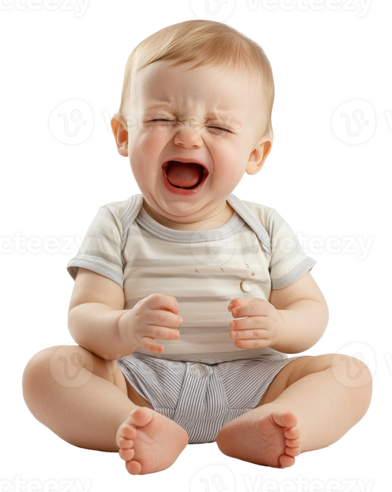 Baby crying while sitting on the floor at home, cut out - stock . png