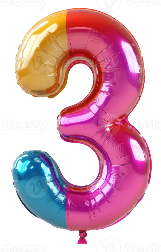 Colorful balloon number three for celebrations, cut out - stock . png