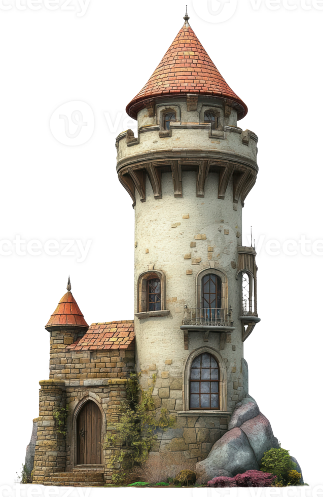 Small stone tower with red roofs in daylight, cut out - stock . png