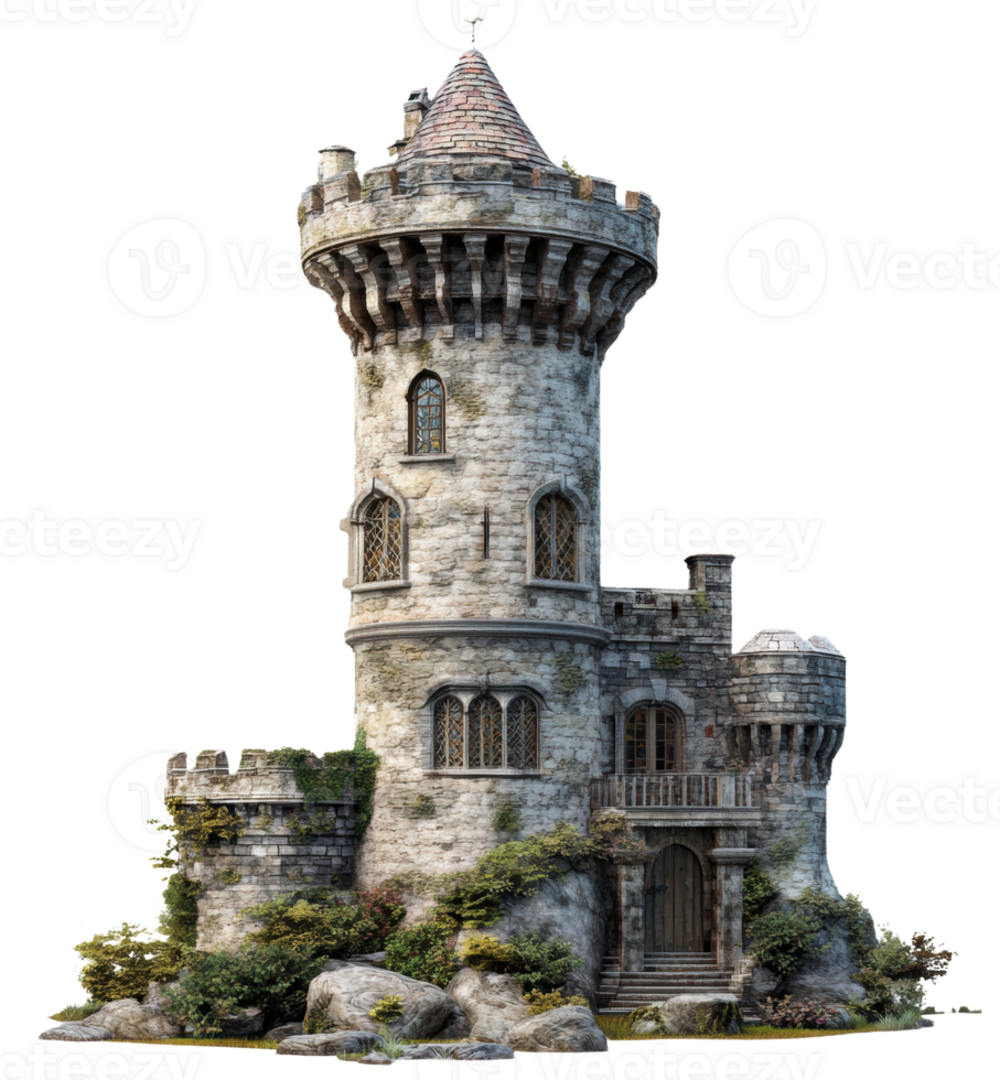 Medieval stone tower surrounded by greenery, cut out - stock . png