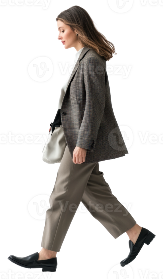 Woman walking stylishly in autumn outfit, cut out - stock . png