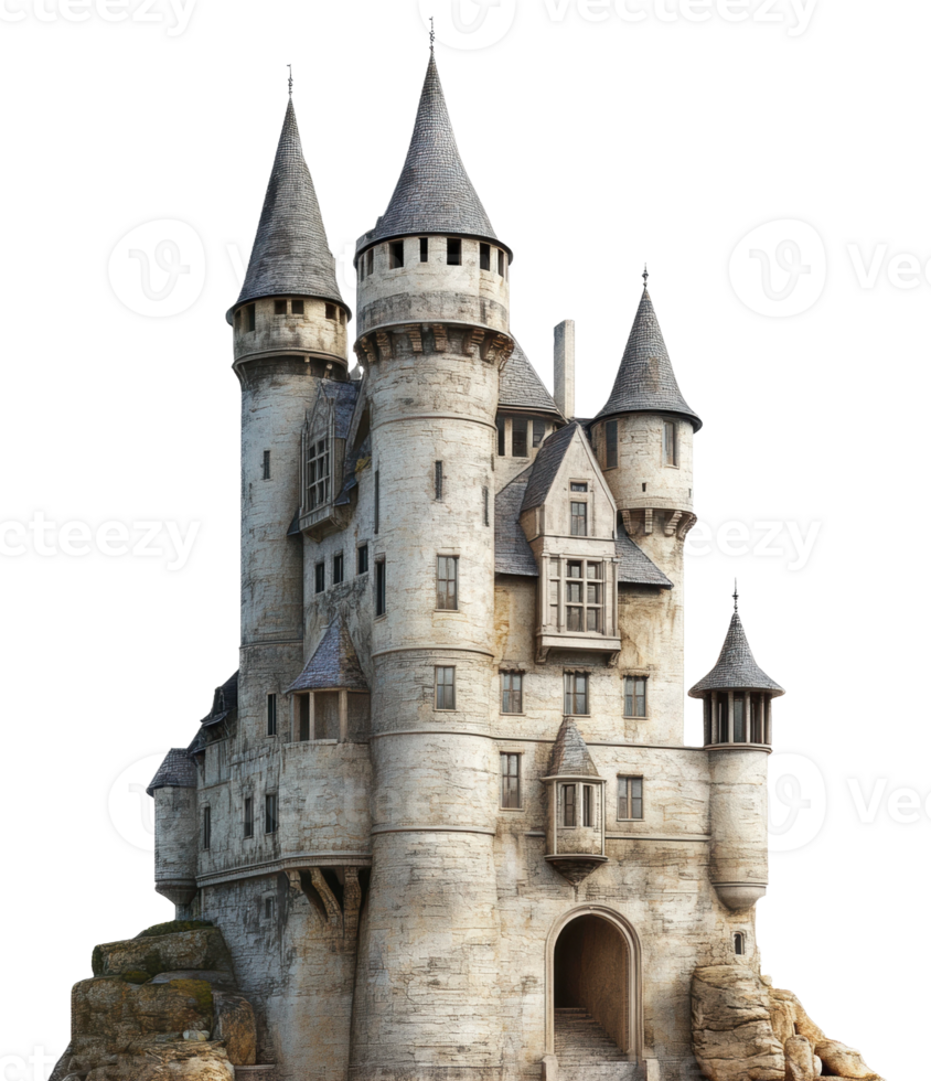 Fantasy castle with towers on a rocky base, cut out - stock . png