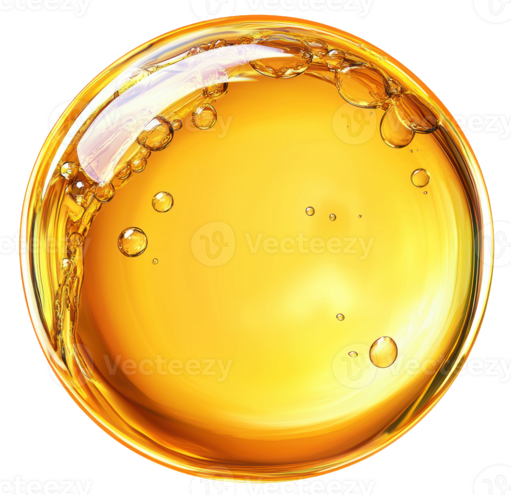 Golden liquid with bubbles in a glass container, cut out - stock . png