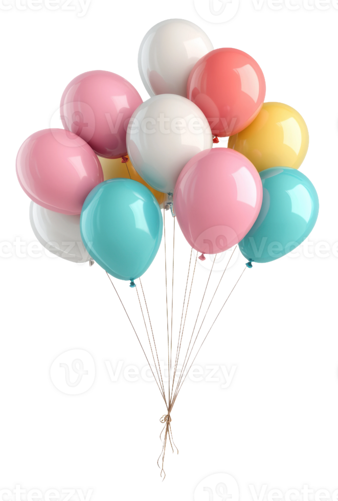 Colorful balloons tied together for a celebration, cut out - stock . png