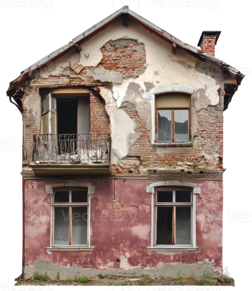 Abandoned building with peeling paint in daylight, cut out - stock . png