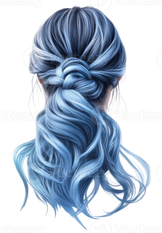 Stylish blue hair with intricate braid design, cut out - stock . png