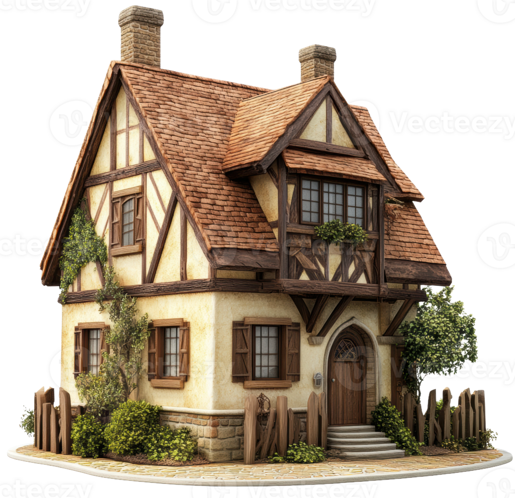 Charming cottage with rustic wooden features, cut out - stock . png