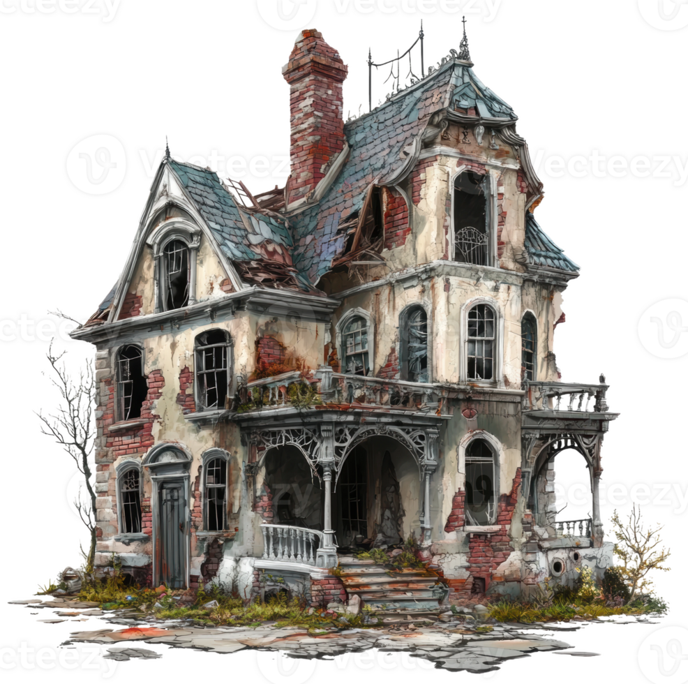 Abandoned Victorian house in a rural setting, cut out - stock . png