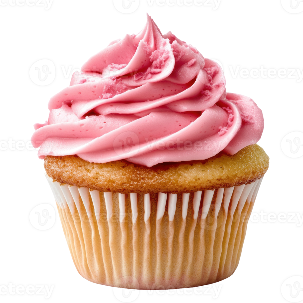 Delicious vanilla cupcake with pink frosting, cut out - stock . png