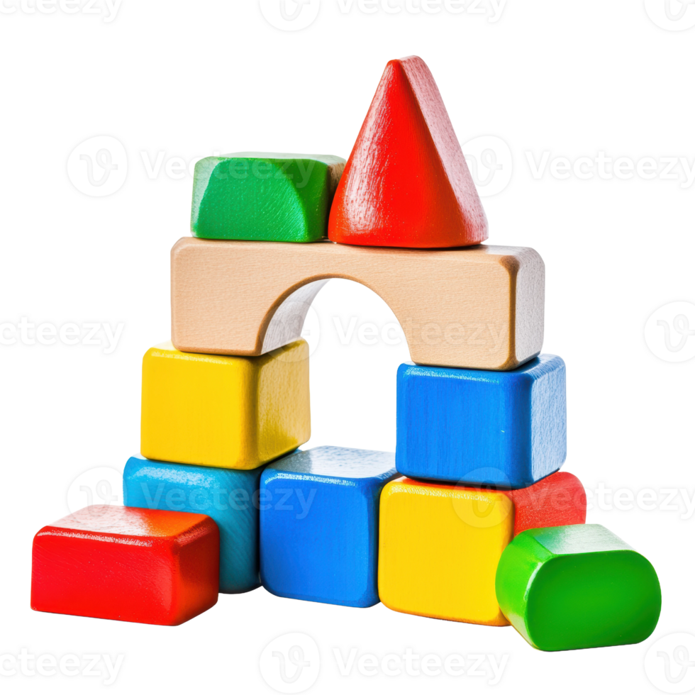 Building with colorful wooden blocks in playtime, cut out - stock . png