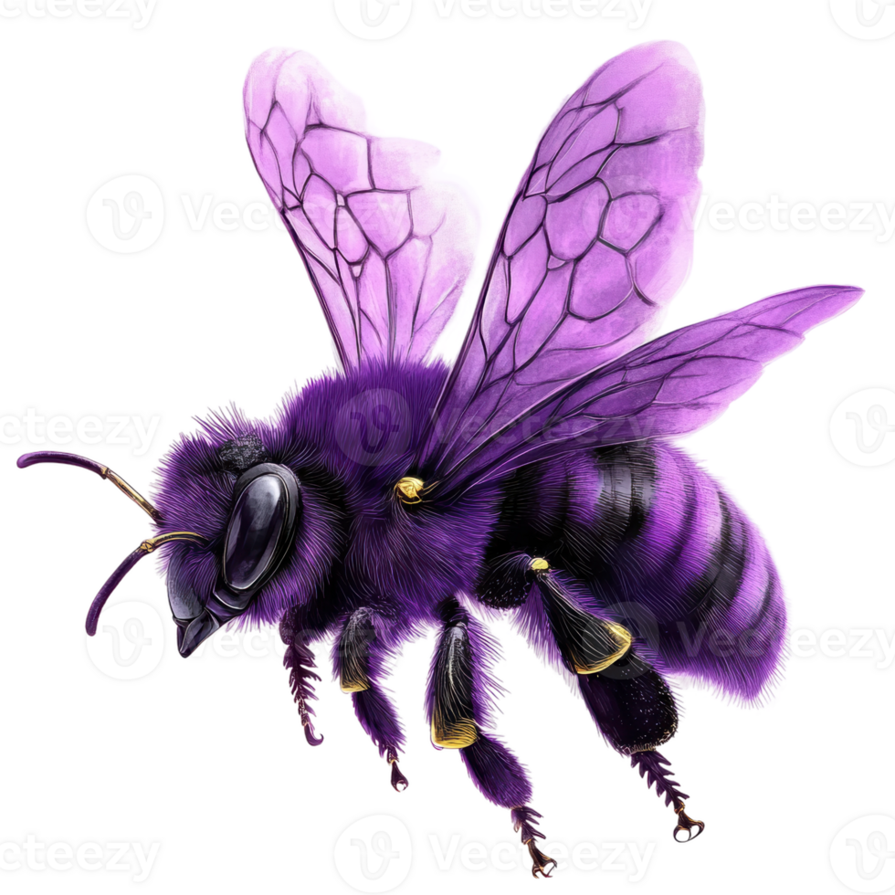 Purple bee buzzing in bright light, cut out - stock . png