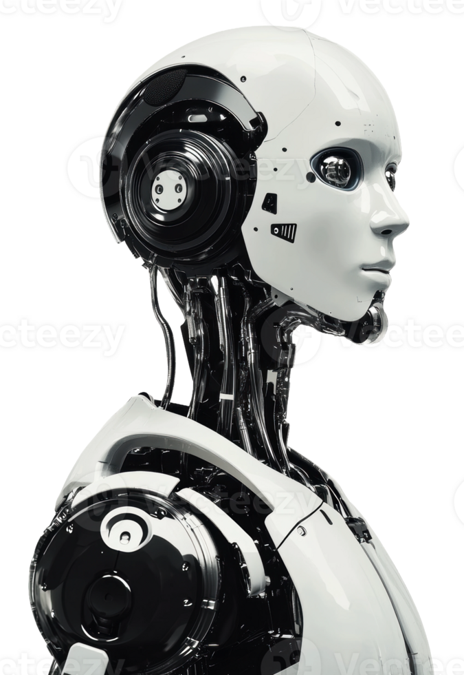Futuristic robotic figure in profile view, cut out - stock . png