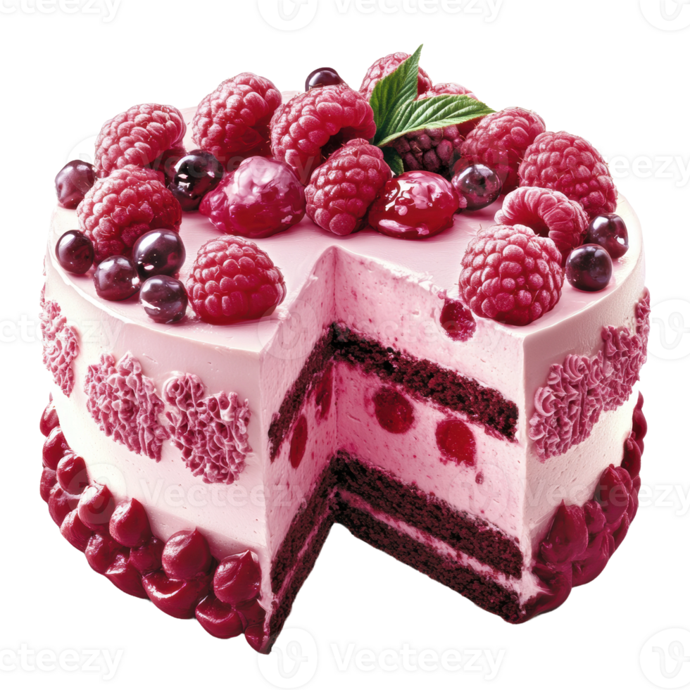 Raspberry cream cake with chocolate layers, cut out - stock . png