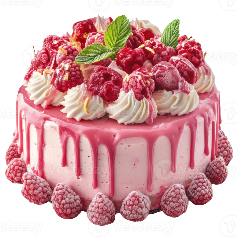 Delicious raspberry cream cake decorated with mint, cut out - stock . png