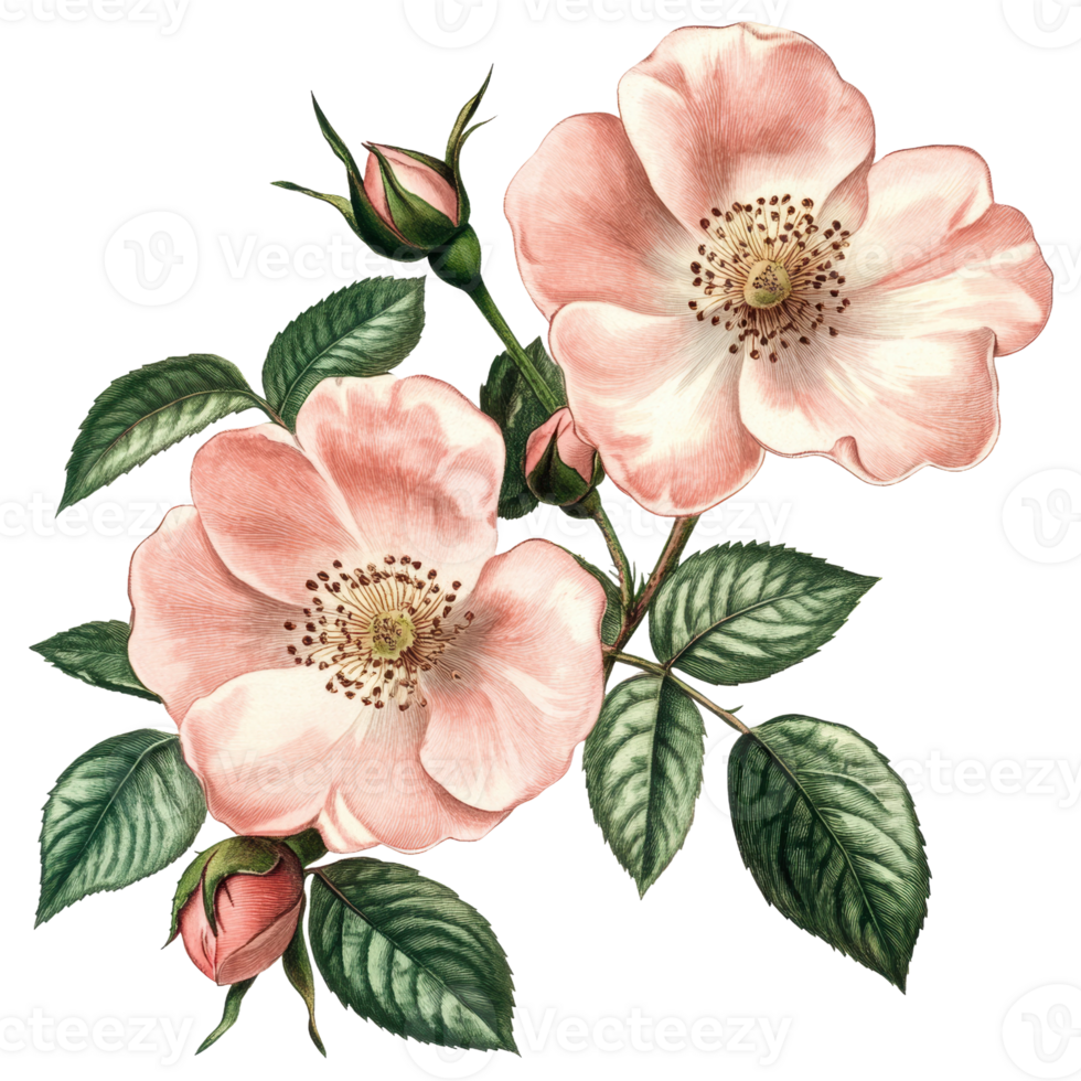 Pink flowers with leaves and buds in spring bloom, cut out - stock . png