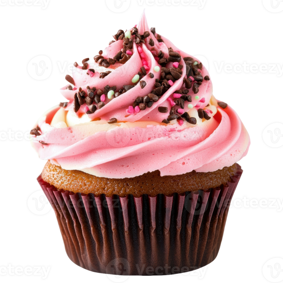 Delicious cupcake with pink frosting and sprinkles, cut out - stock . png