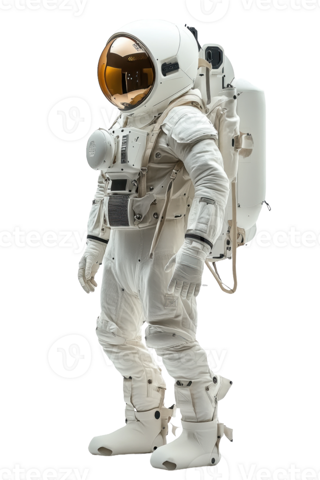 Astronaut in white spacesuit on lunar surface, cut out - stock . png