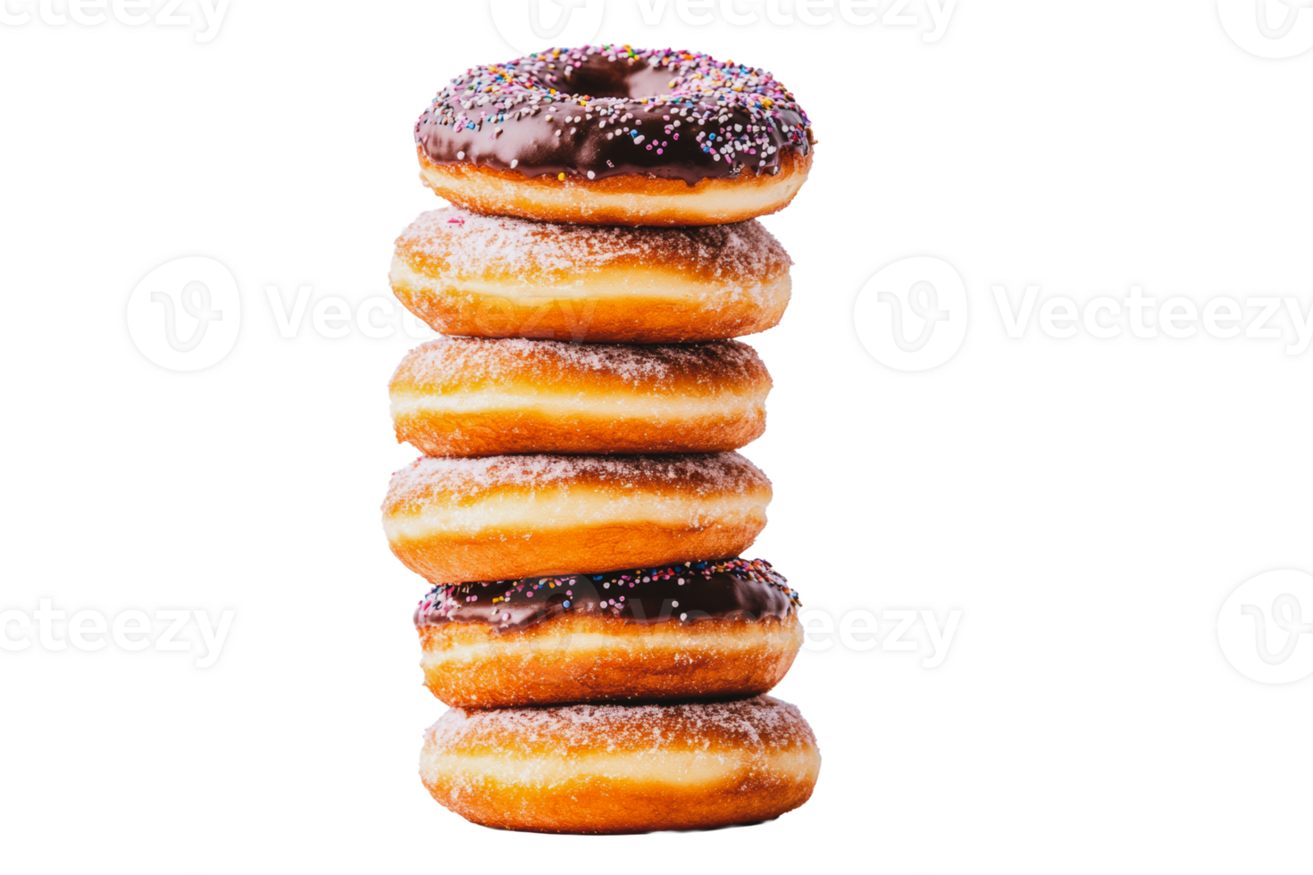Stacked donuts with chocolate glaze and colorful sprinkles on display at a bakery png