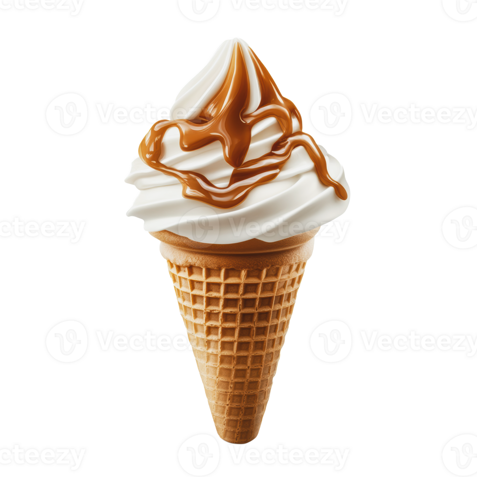Scoop of creamy vanilla soft serve on a waffle cone drizzled with caramel sauce png