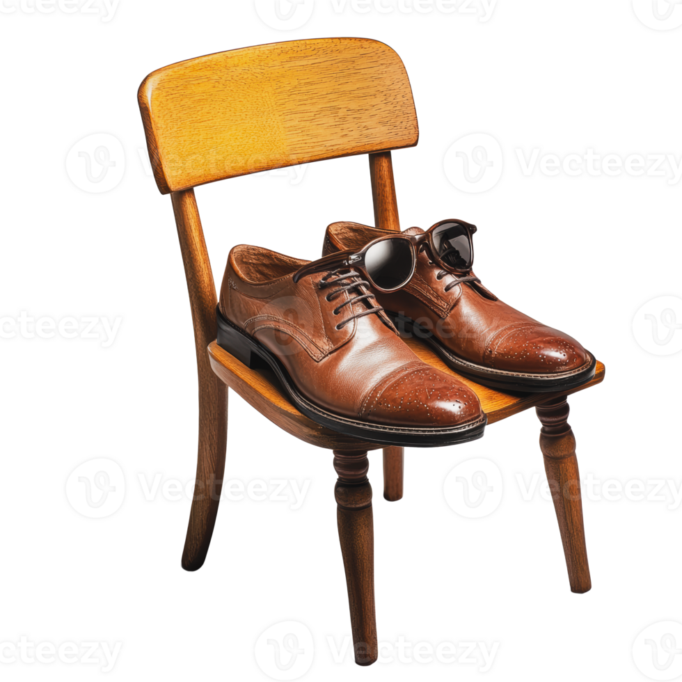 Brown shoes and shades on a chair png