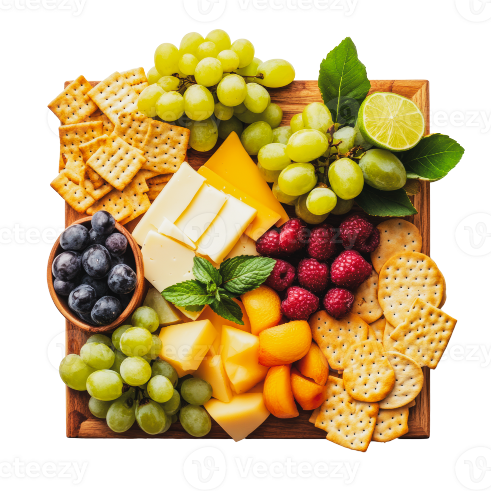 Colorful cheese and fruit platter with grapes, raspberries, crackers, and a lime on a wooden board png