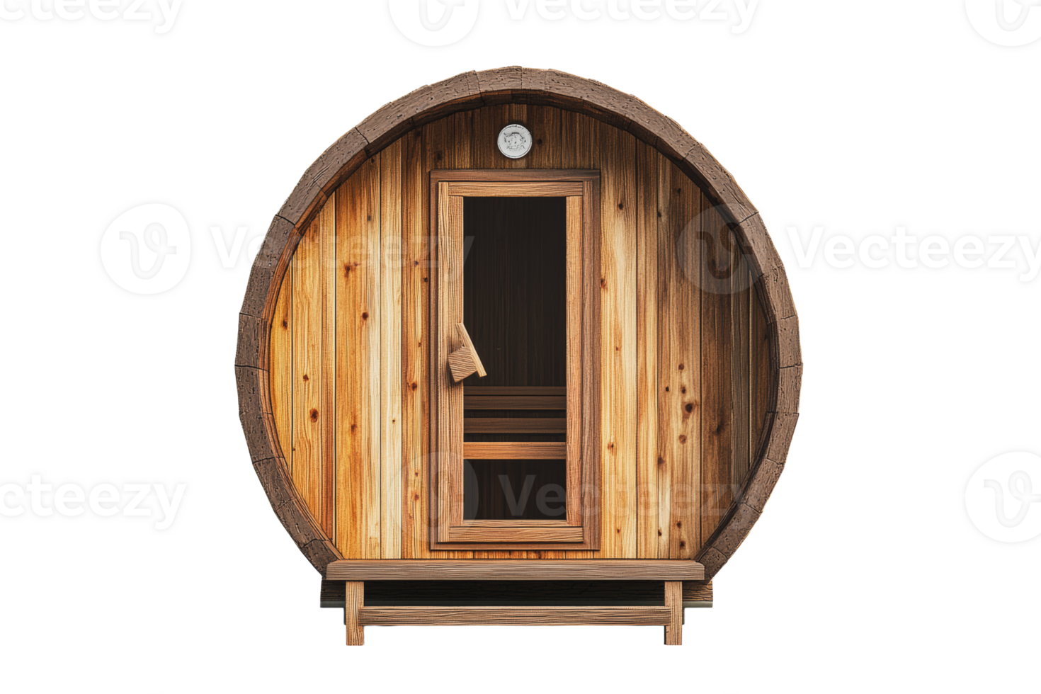 Wooden barrel sauna with a round design situated in a tranquil outdoor setting png