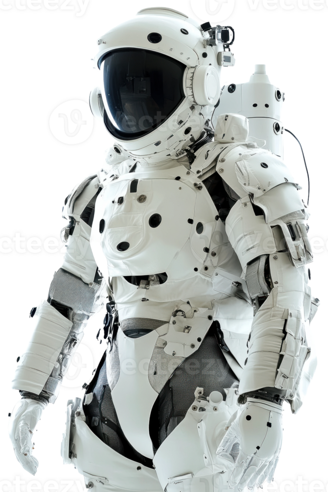 Astronaut in sleek white space suit standing still, cut out - stock . png