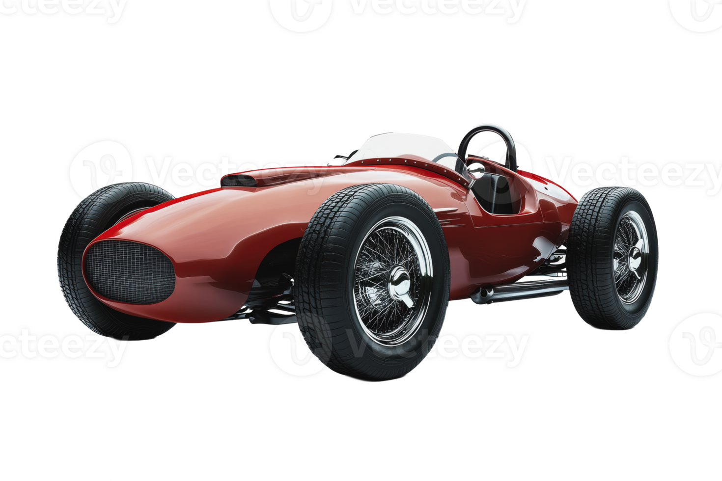 Vintage racing car in a glossy red finish with chrome accents and distinctive wheels png