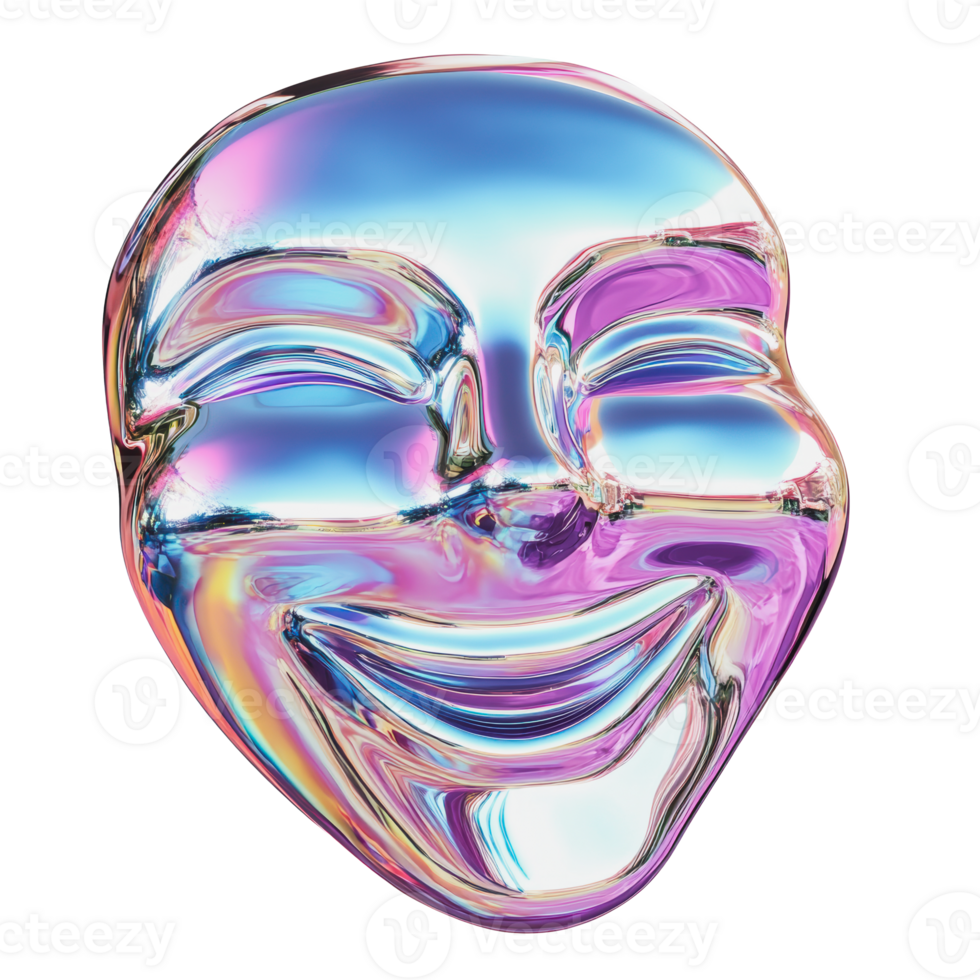 Colorful glass mask displaying a joyful expression with iridescent sheen png