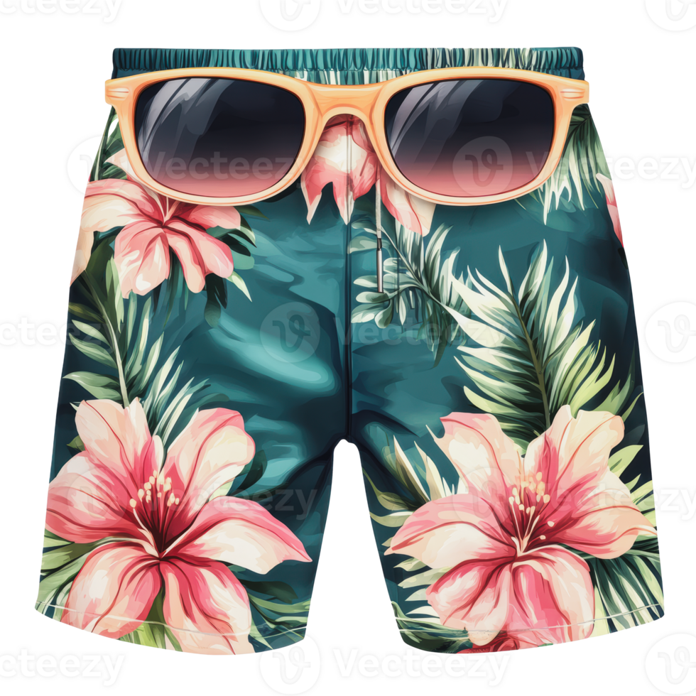 Tropical swim trunks with sunglasses on display png