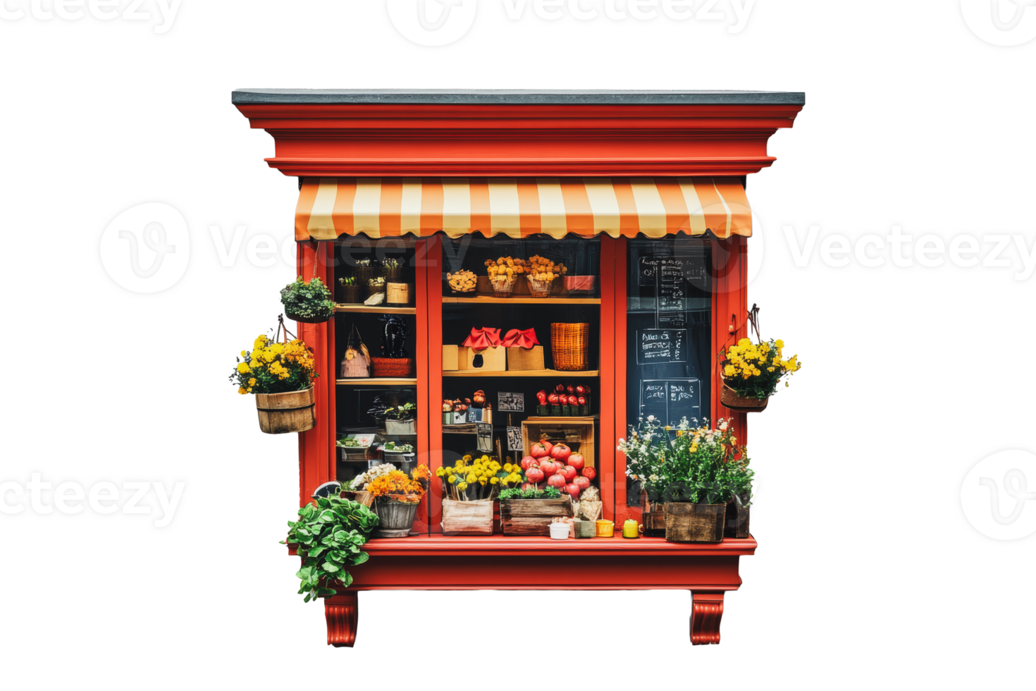 Colorful market stall adorned with fresh produce and vibrant flowers in a quaint setting png