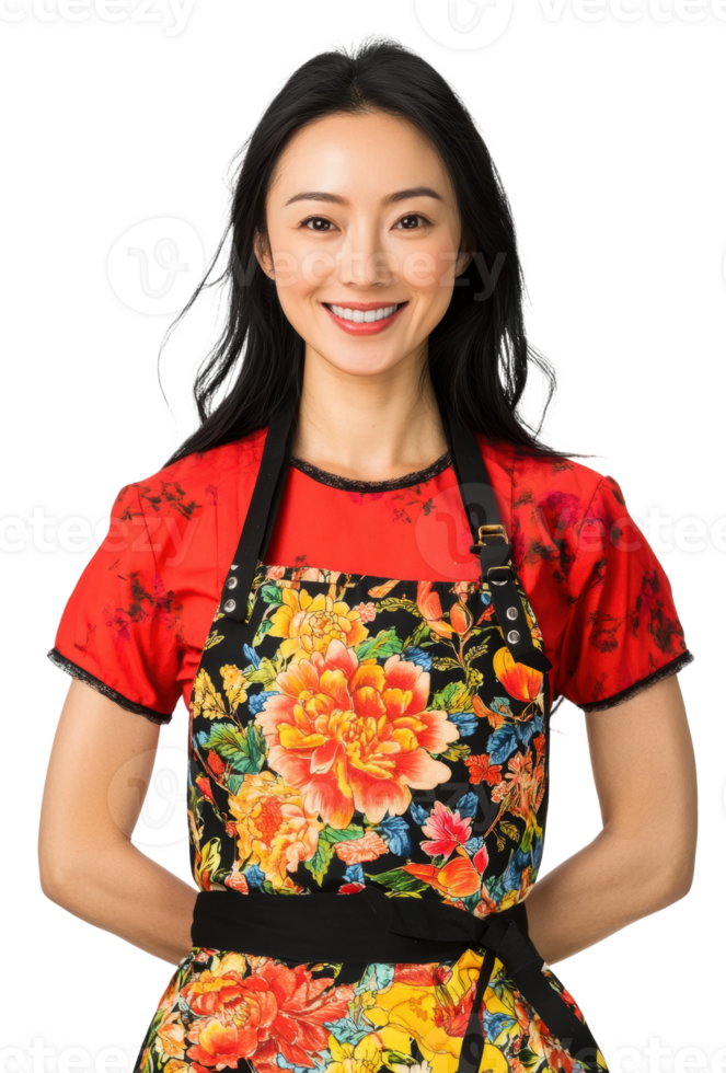 Woman wearing a floral apron and red blouse, cut out - stock . png