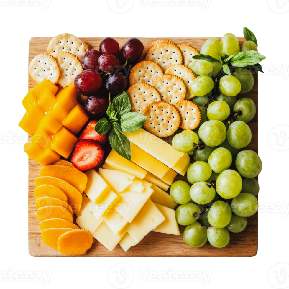 A colorful cheese and fruit platter with crackers and mint on a wooden board png