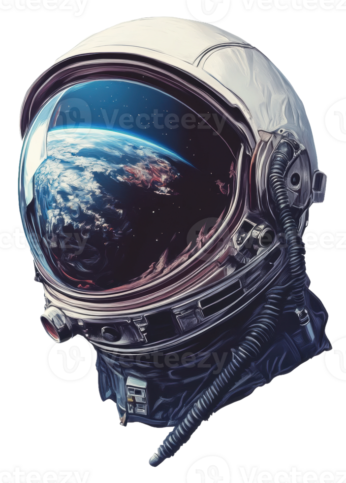 Astronaut helmet reflecting Earth in space, cut out - stock . png